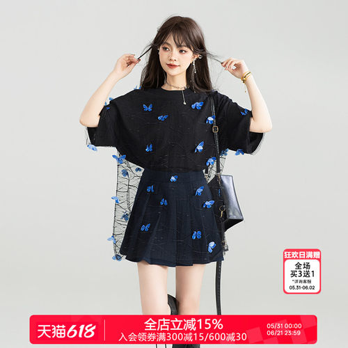 KEIKO仙灵蝴蝶花薄纱拼接T恤