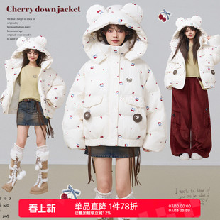 KEIKO [重工刺绣] 甜系樱桃花白色短款棉服冬季加厚保暖棉衣外套