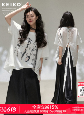 KEIKO 莱赛尔纤维 复古印花宽松白色T恤女夏季松驰感圆领短袖上衣