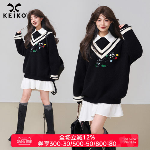 KEIKO学院风拼色V领黑色针织衫