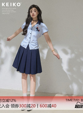 KEIKO 韩系蓝色条纹短袖衬衫女夏季学院风穿搭蝴蝶结系带收腰上衣