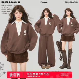 卫裤 KEIKO 领假两件拼接polo上衣 26春季 两件套 咖色加绒卫衣套装