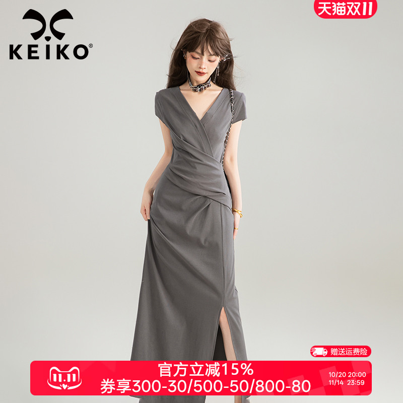 KEIKO交叠V领灰色长款连衣裙
