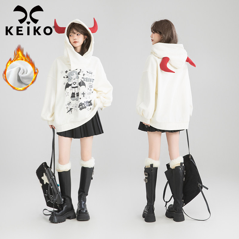 KEIKO 日系卡通印花白色加绒卫衣春季二次元风恶魔角连帽外套,女装/女士精品,卫衣/绒衫,淘宝优惠券,粉丝福利购,淘宝优惠卷