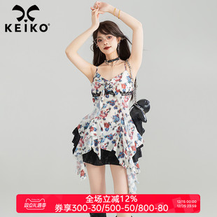 背心小衫 KEIKO 不规则碎花吊带雪纺上衣夏日出游叠搭手工扎花无袖