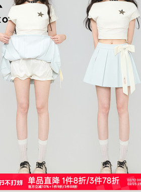 KEIKO [可拆取蝴蝶结] 学院风浅蓝色百褶半身裙春夏高腰A字短裙子