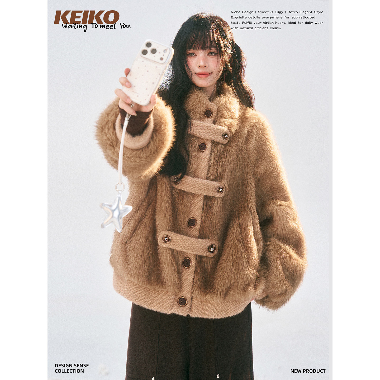 KEIKO驼色仿狐狸毛环保皮草外套