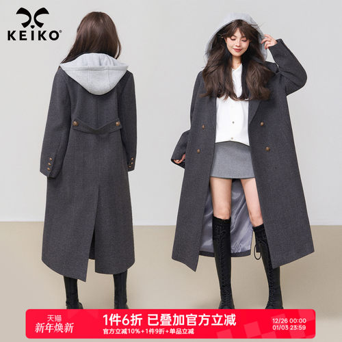 KEIKO格雷系假两件连帽毛呢大衣