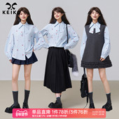 KEIKO 上衣 都市通勤条纹长袖 知性学术风蓝色绣花领结衬衫 女26春季