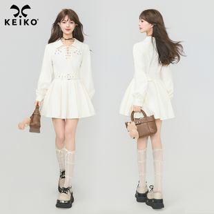 KEIKO miu系白色衬衫翻领连衣裙26春季萌猫绣花可收腰百褶短裙子