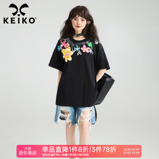 宽松遮肉显瘦圆领上衣 t恤女25夏季 KEIKO 多巴胺项链印花黑色短袖