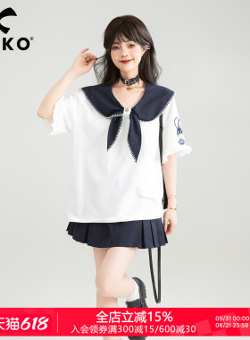KEIKO 盐色航海风白色短袖t恤女夏日校园风减龄海军领上衣水手服