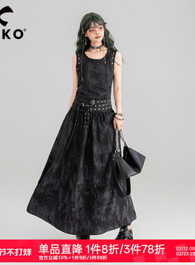 KEIKO酷飒新中式扎染黑色连衣裙春季铆钉饰系带显瘦大U领背心长裙