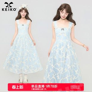 KEIKO 法式浮雕刺绣轻纱吊带连衣裙26夏季清秀感蕾丝花边无袖纱裙