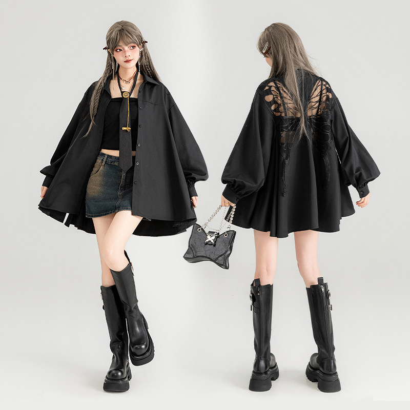 thumbnail for KEIKO Butterfly Embroidered Black Long-Sleeve Shirt 2026 Autumn Premium Puff Sleeve Top Loose Sun Protection Shirt