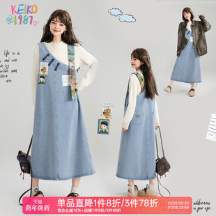KEIKO艺术感复古牛仔背带裙25早秋小众设计印花遮肉显瘦a字连衣裙