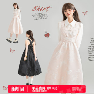 KEIKO 柔美蝴蝶结系带露背花苞长裙 蝶纹提花樱花粉吊带连衣裙夏季