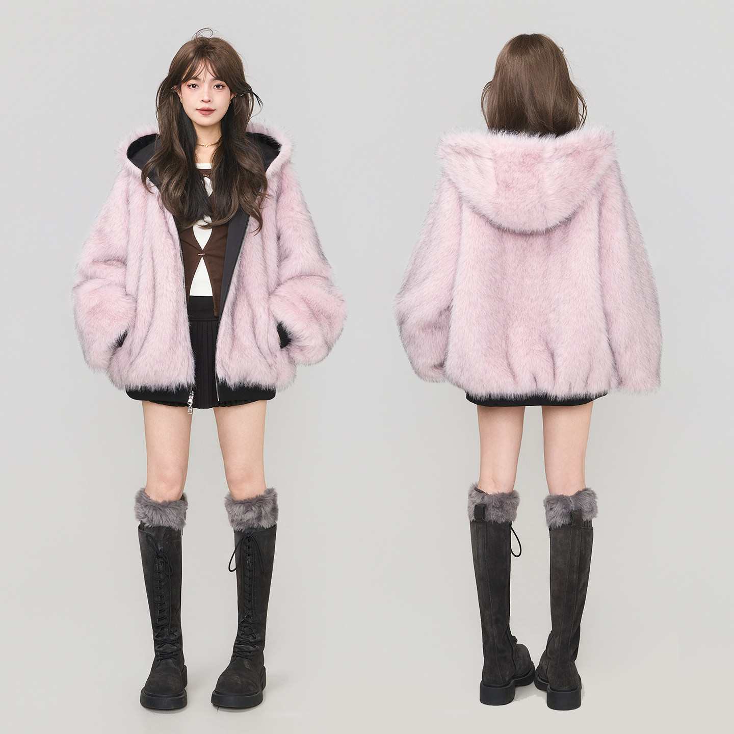 thumbnail for KEIKO [front and back] Korean eco-friendly fox fur fur jacket winter mountain carving fur hooded cotton jacket