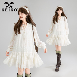 KEIKO早秋叠搭法式 温柔穿搭绑带V领显瘦A裙子 花纱白色连衣裙春季
