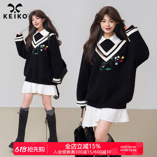 KEIKO学院风拼色V领黑色针织衫