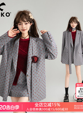 KEIKO 格雷系灰色西装外套女26春季波点小西服+A字半身裙两件套装