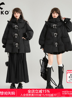 KEIKO [高克重229g白鸭绒]黑色斗篷型羽绒服冬季蝴蝶结饰加厚外套