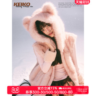 KEIKO 环保狐狸毛绒连帽皮草外套女冬季轻甜风毛绒绒无袖马甲背心