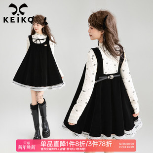 法式 千金感丝绒背带连衣裙25秋季 蓬蓬A字吊带裙 蕾丝花边 KEIKO