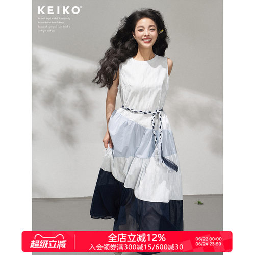 KEIKO设计感撞色斜拼无袖连衣裙