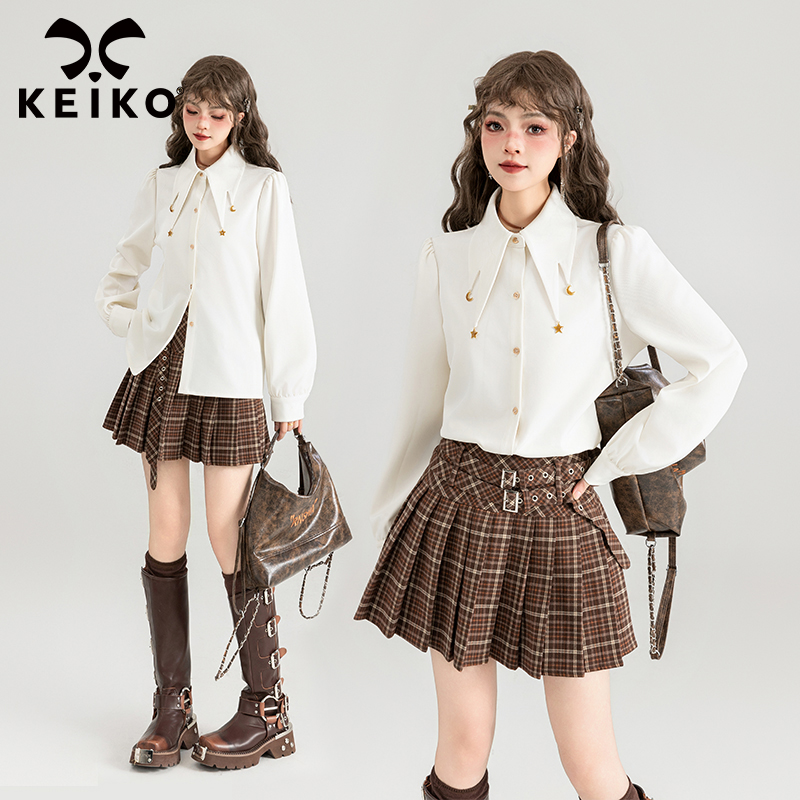 KEIKO 抗皱！星月挂饰白色长袖衬衫女秋季高级感气质尖领通勤衬衣
