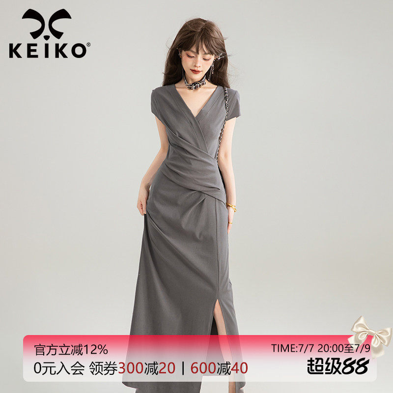 KEIKO 交叠V领灰色长款连衣裙夏季新款气质独特漂亮掐腰显瘦长裙