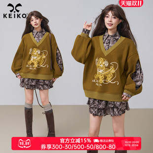 KEIKO 巴恩风假两件式加绒卫衣女秋季小狗印花拼接polo领上衣外套