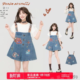小个子宽松阔腿短裤 女2026夏季 鬼马少女趣味印花背带牛仔裤 KEIKO