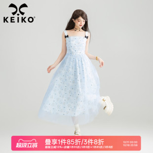 KEIKO 薄纱拼接打揽显瘦A字连衣裙子 温柔蓝色小碎花吊带裙25夏季