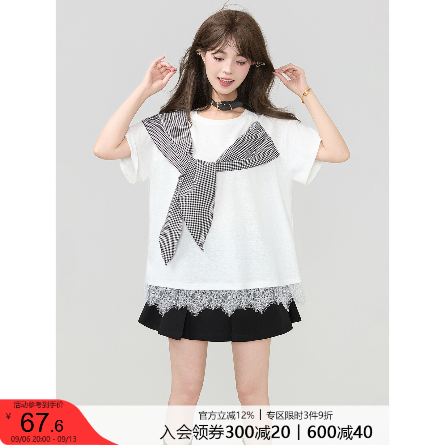 KEIKO 设计感小众领巾饰短袖t恤女2026夏季蕾丝拼接宽松显瘦上衣图片
