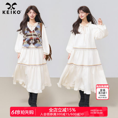 KEIKO 法式提花织带白色连衣裙春季波西米亚风拼接灯笼袖A字长裙