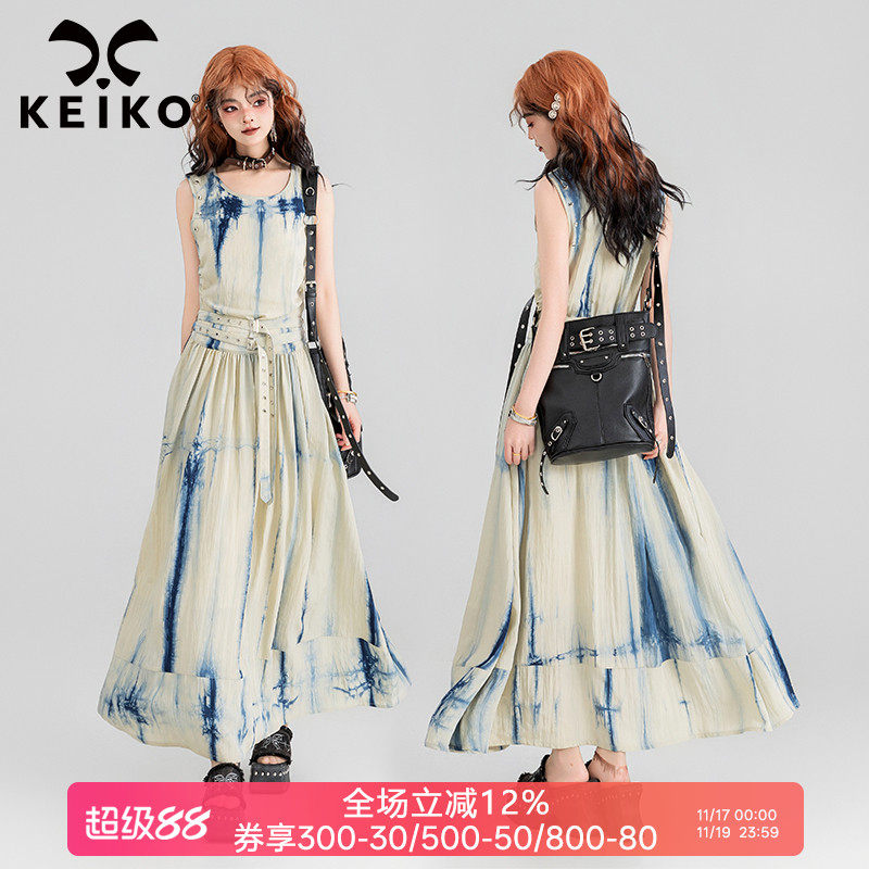 KEIKO 限定直条扎染无袖连衣裙2025春夏法式艺术感系带长裙背心裙