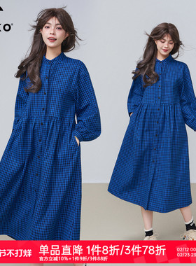 KEIKO 文艺感蓝色磨毛格纹连衣裙春季复古灯笼袖宽松显瘦大摆长裙