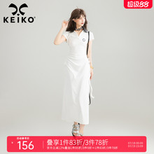 KEIKO 美式撞色polo领显瘦连衣裙轻薄辣妹抽绳褶皱收腰包臀长裙