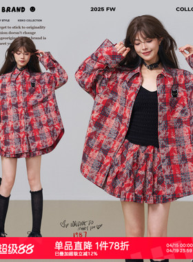 KEIKO 复古回潮红色格子印染长袖衬衫女春季韩系宽松纯棉休闲上衣