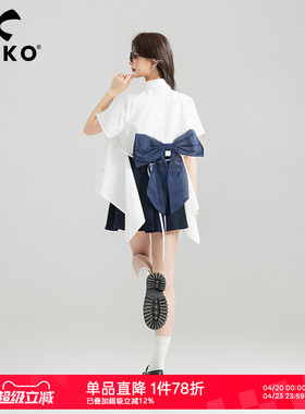 KEIKO 少年感蝴蝶结扎花白色衬衫女夏季洋气减龄绣标短袖上衣