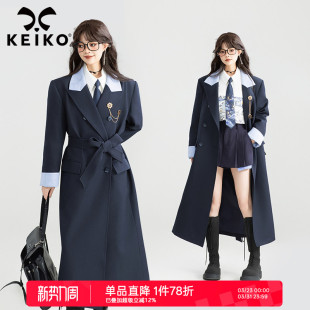 风衣外套26春季 领中长款 高级感双排扣系带大衣 韩系撞色西装 KEIKO