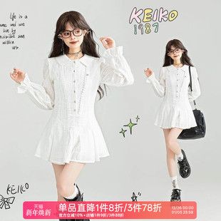新款 蕾丝花边白色连衣裙25秋季 通勤收腰A字短裙 镂空勾花 KEIKO