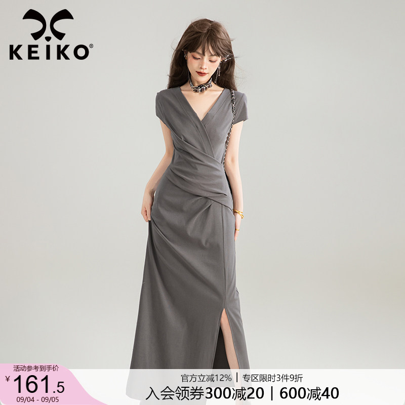 KEIKO交叠V领灰色长款连衣裙图片