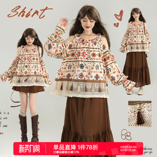 26春夏佩斯利波西米亚印花上衣 衬衫 KEIKO 波嬉风流苏挂脖露肩长袖