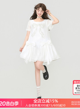 KEIKO [轻柔莱赛尔] 白色钉球蝴蝶结连衣裙夏季初恋氛围感仙女裙