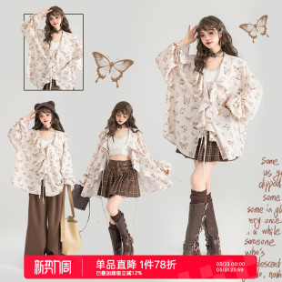 上衣防晒衫 KEIKO 蝴蝶印花宽松短袖 2026夏季 韩系大荷叶边雪纺衬衫