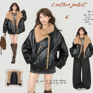 KEIKO 酷感小羊羔毛毛短款皮外套女冬季高级感加厚翻领皮夹克棉服