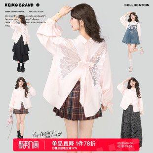 2026春夏蝴蝶结饰泡泡袖 衬衫 上衣 轻淑风蝴蝶绣露背粉色长袖 KEIKO