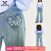小雏菊刺绣微喇叭牛仔裤 春季 自然水洗美式 KEIKO 低腰拖地马蹄裤 子